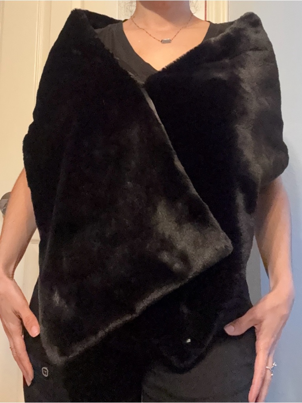 Black Faux Fur Trim Scarf with Satin Lining
